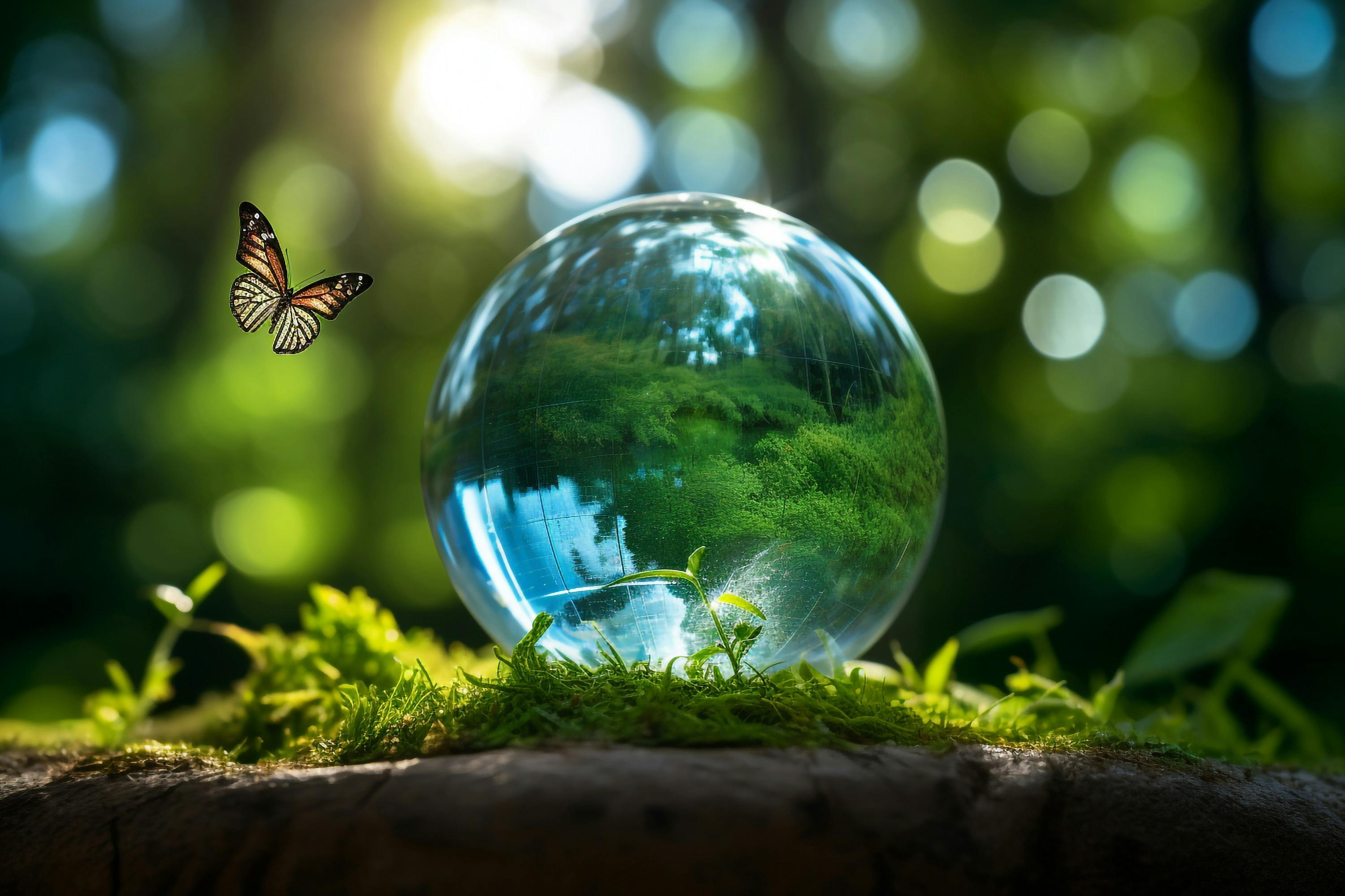 Natur spiegelt sich in Glaskugel auf Moss. in Natur. Schmetterling fliegt über Glaskugel.