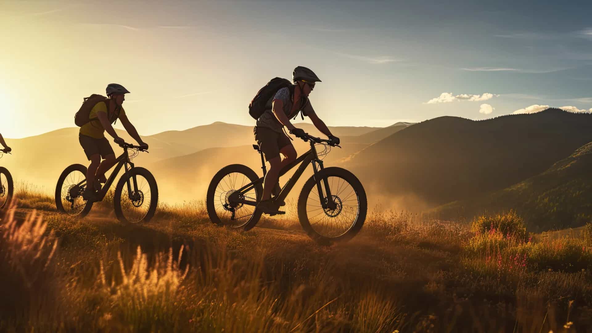3 Fahrradfahrer bei Sonnenuntergang in der Natur.
