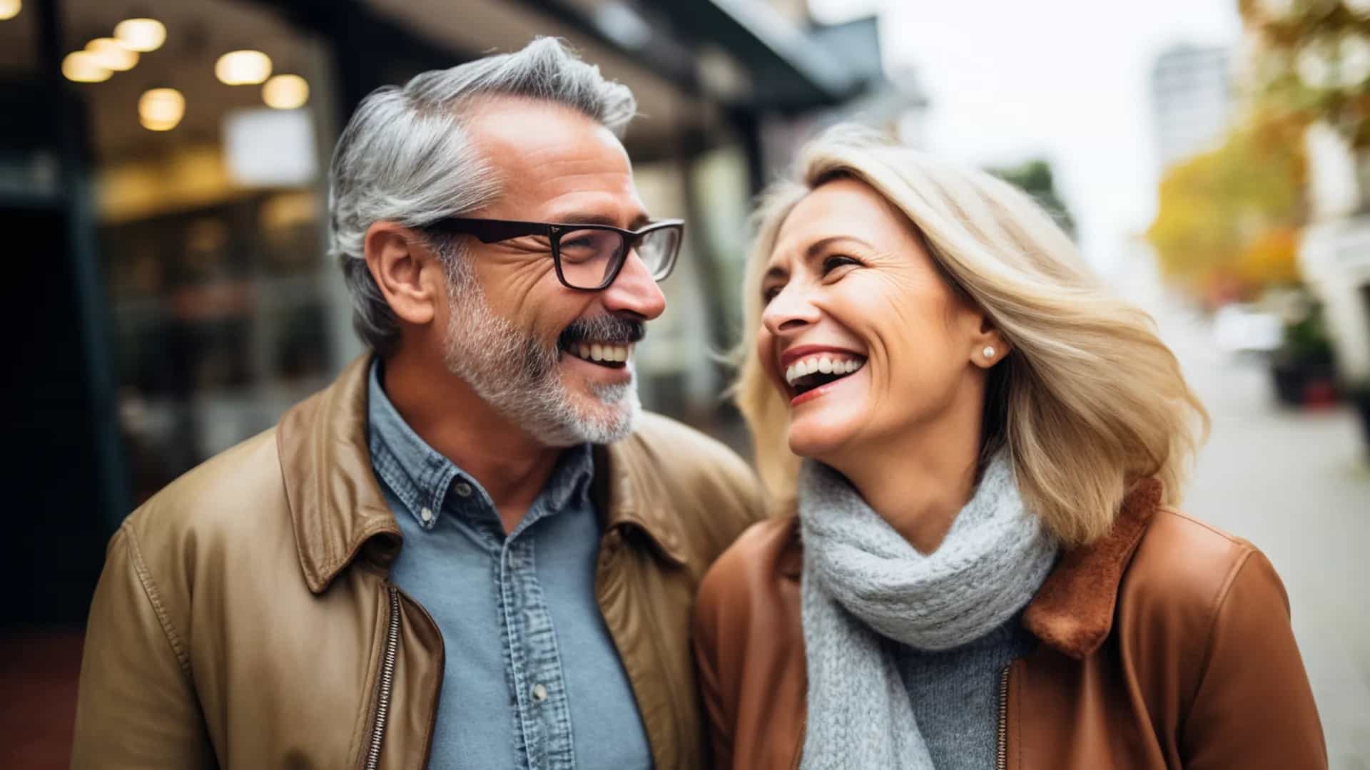 Lachendes Ehepaar in Stadt.