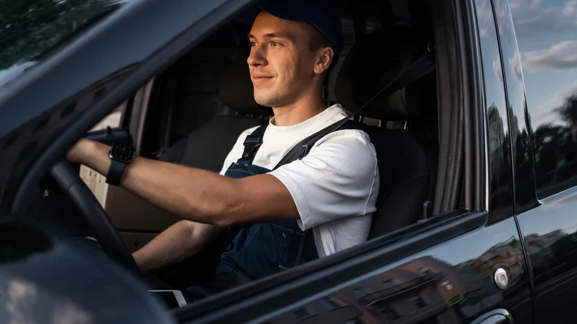 Mann in Latzhose in Auto am Lenkrad.